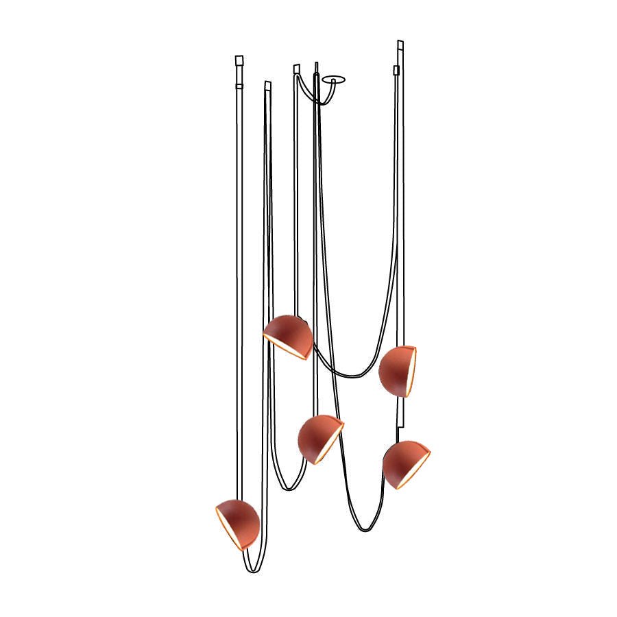 Line drawing of a five-head Clérachic pendant light with orange-red domes hanging from outlined straps.