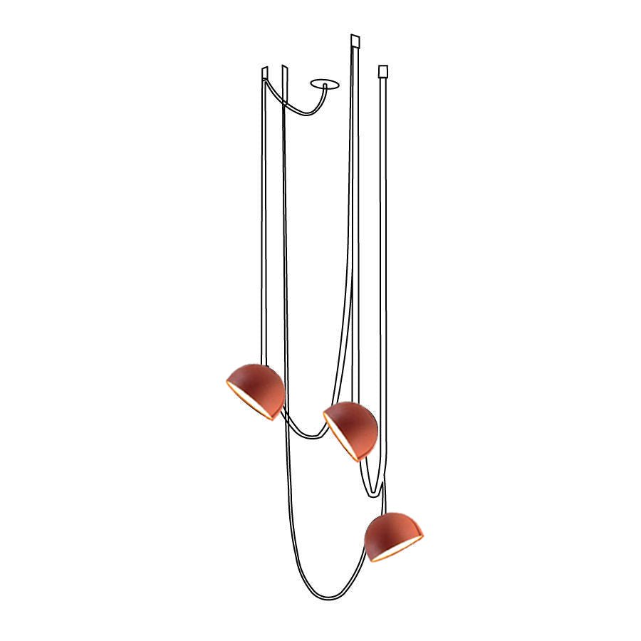 Line drawing of a three-head Clérachic pendant light, the domes filled in orange-red and the straps shown as outlines.