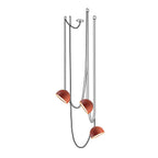Line drawing of a three-head Clérachic pendant light, the domes filled in orange-red and the straps shown as outlines.