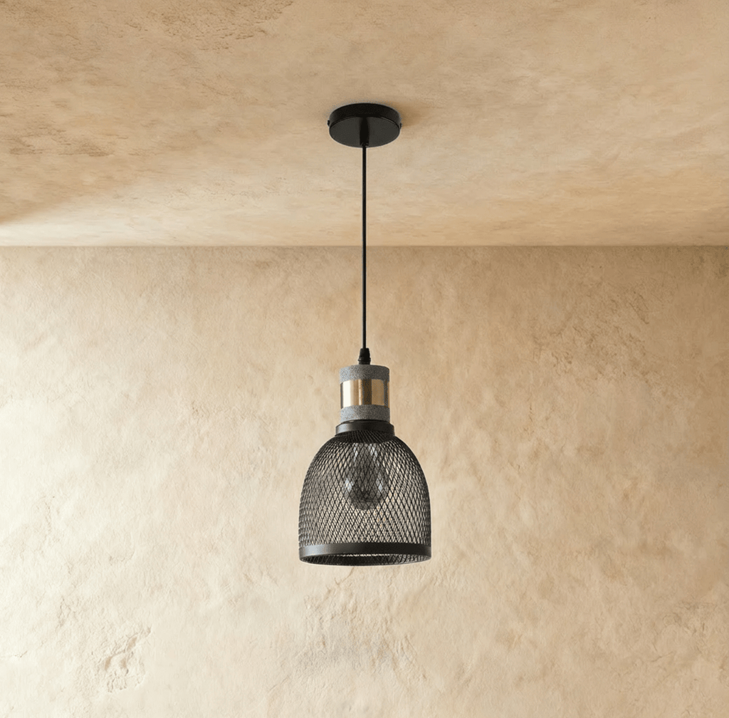 Clérachic domed black wire-mesh pendant with a grey collar and brass band, 15 cm wide, hung on a black cord