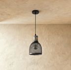 Clérachic domed black wire-mesh pendant with a grey collar and brass band, 15 cm wide, hung on a black cord