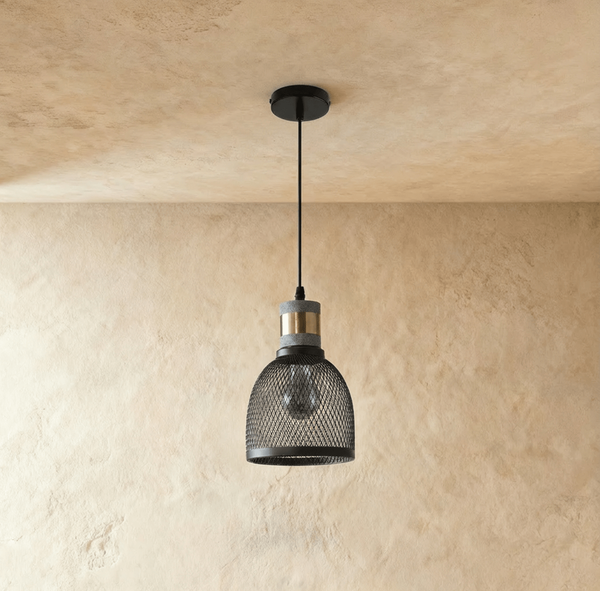 Clérachic domed black wire-mesh pendant with a grey collar and brass band, 15 cm wide, hung on a black cord