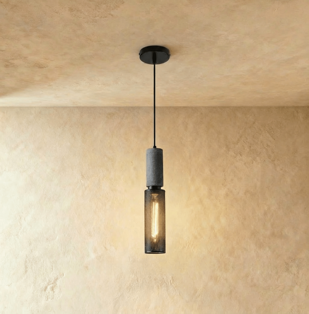 Clérachic slim cylindrical mesh pendant, 6.5 cm wide and 35 cm tall, with a grey stone-look top and warm filament bulb