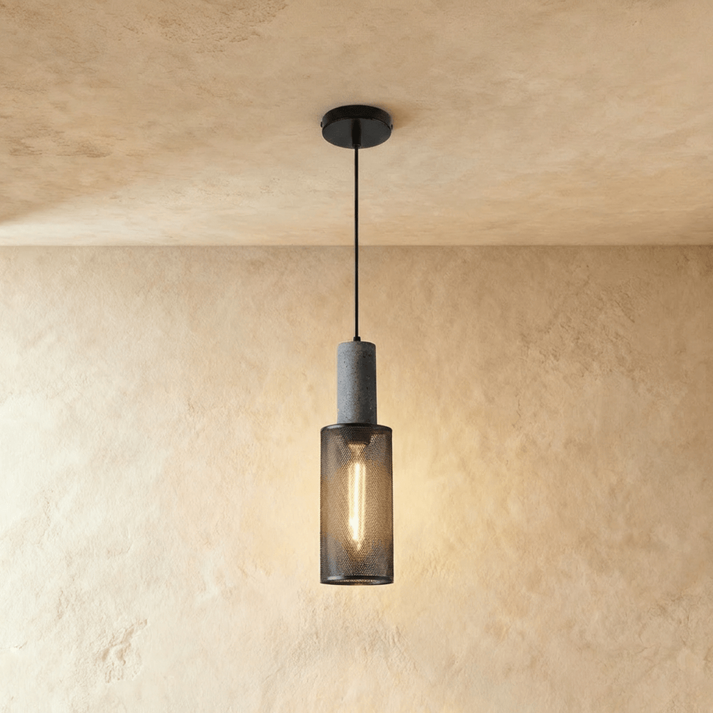 Clérachic narrow black mesh cylinder pendant, 10 cm wide and 35 cm tall, with a grey top section and filament bulb