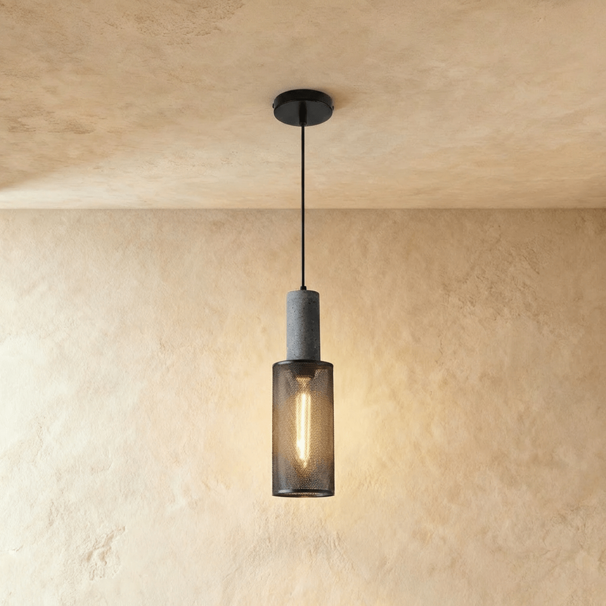 Clérachic narrow black mesh cylinder pendant, 10 cm wide and 35 cm tall, with a grey top section and filament bulb