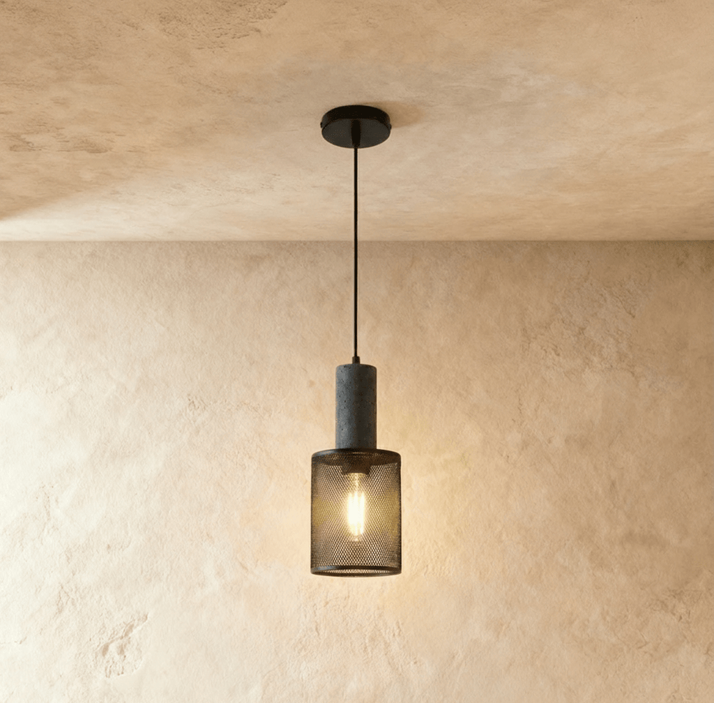 Clérachic black mesh drum pendant, 12.5 cm wide, with a short grey cylindrical collar and an amber filament bulb