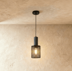 Clérachic black mesh drum pendant, 12.5 cm wide, with a short grey cylindrical collar and an amber filament bulb