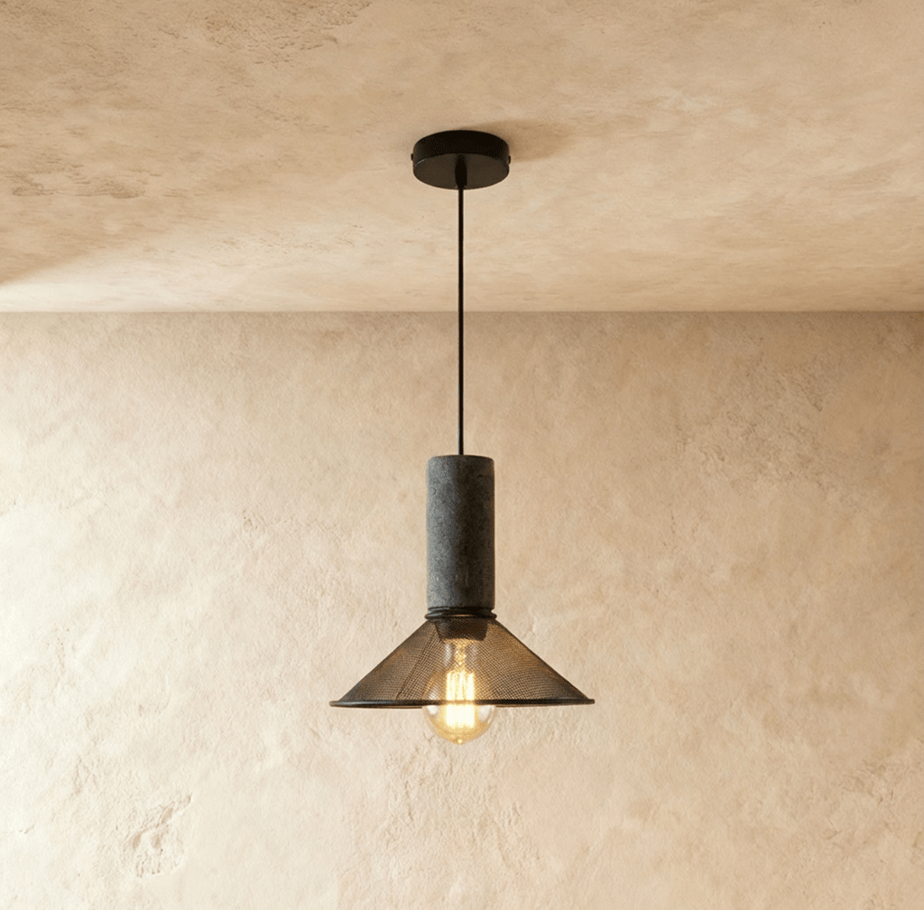 Clérachic conical black mesh pendant with a grey cylindrical collar and a globe bulb below, on a black cord