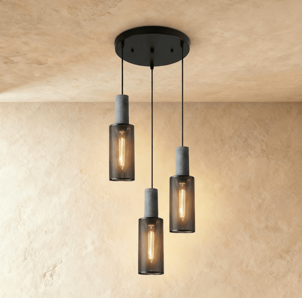 Clérachic round three-head pendant with mesh cylinders at staggered heights from a black disc canopy