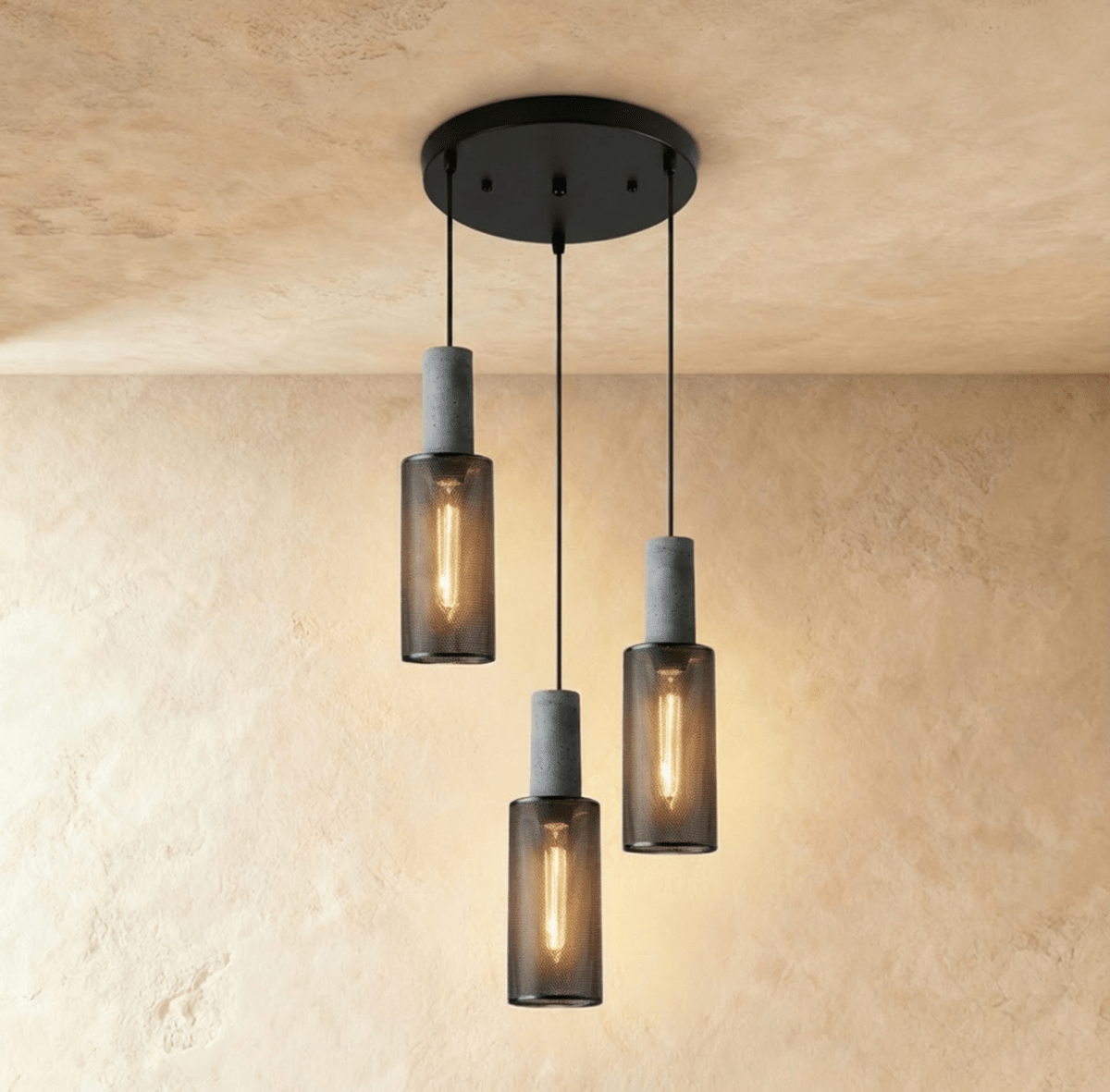 Clérachic round three-head pendant with mesh cylinders at staggered heights from a black disc canopy