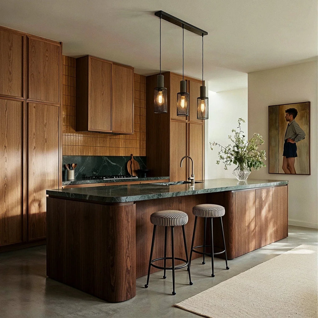 Clérachic linear three-head pendant with mesh cylinders hung over a green stone kitchen island with two stools