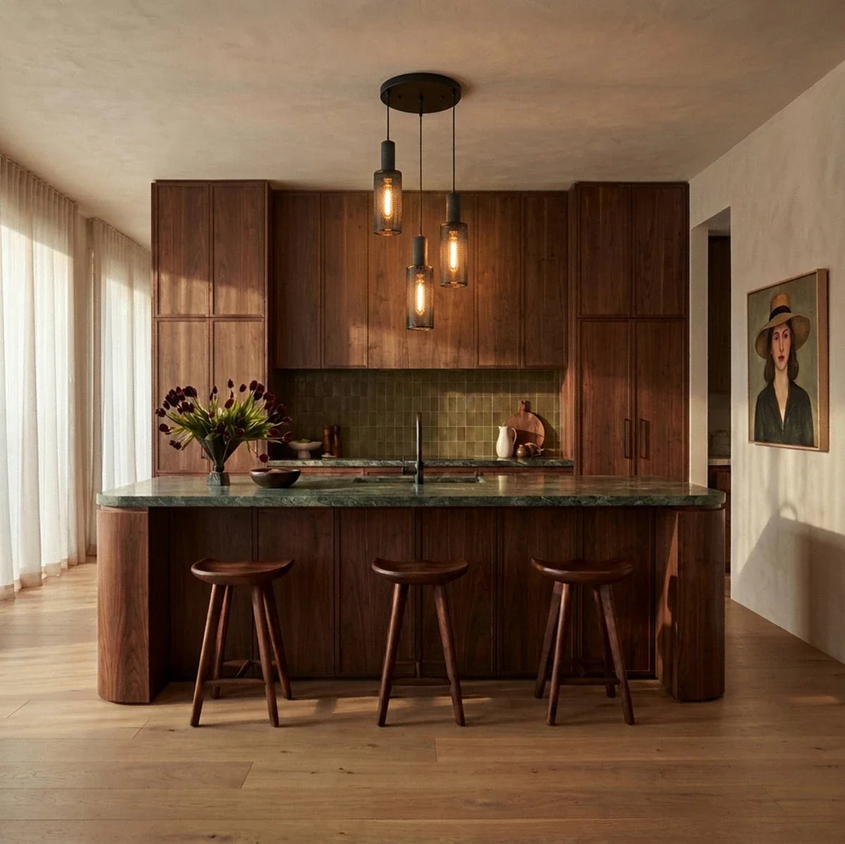 Clérachic round three-head mesh pendant above a kitchen island with a green stone top and three wooden stools