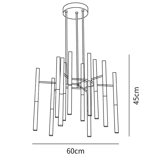 Dimension drawing of this Clérachic chandelier in its 12-head size, with a height of 45 cm and a width of 60 cm marked.