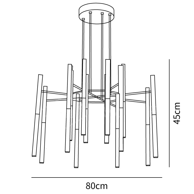 Dimension drawing of this Clérachic chandelier in its 16-head size, with a height of 45 cm and a width of 80 cm marked.