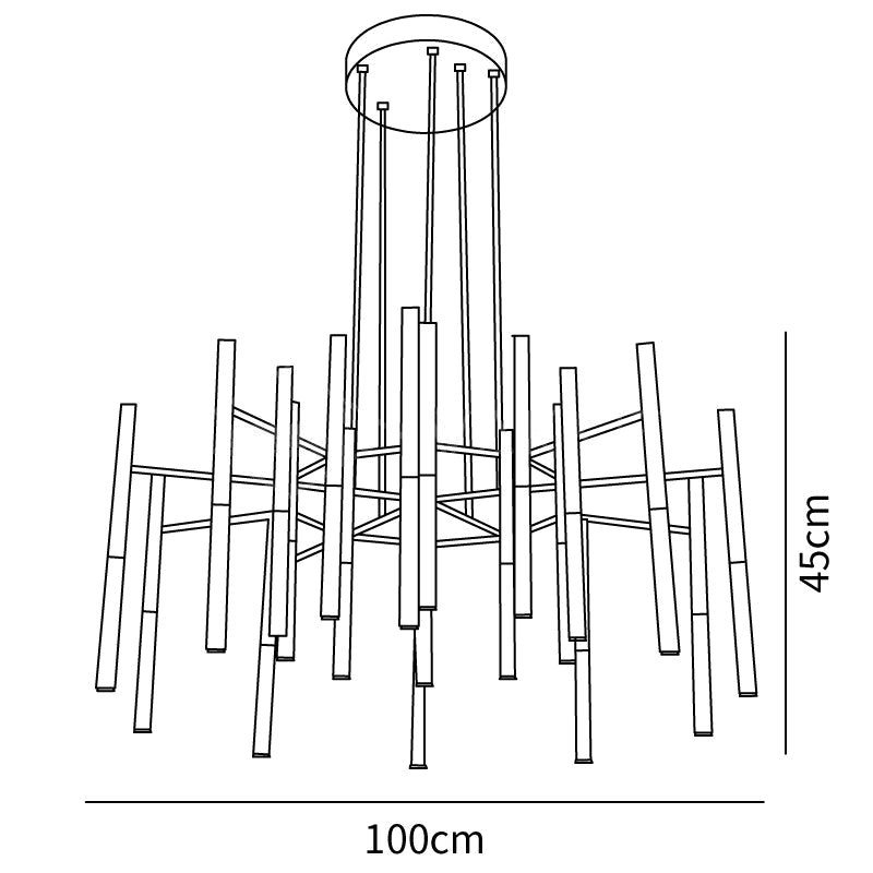 Dimension drawing of this Clérachic chandelier in its largest size, with a height of 45 cm and a width of 100 cm marked.