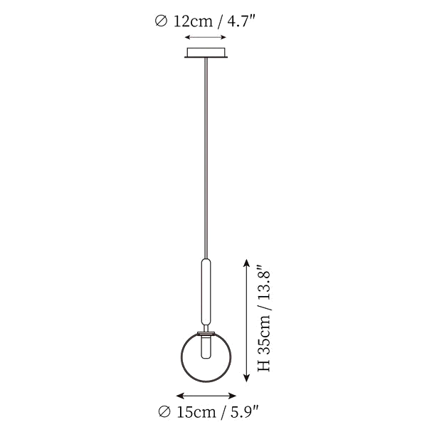 Dimension drawing of this Clérachic pendant in one-head form, 15 cm across the globe and 35 cm high, on a 12 cm canopy.