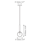 Dimension drawing of this Clérachic pendant in one-head form, 15 cm across the globe and 35 cm high, on a 12 cm canopy.