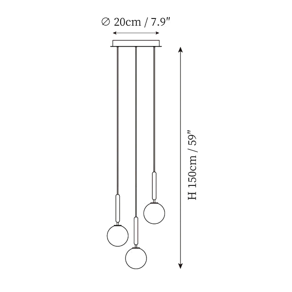 Dimension drawing of this Clérachic three-head pendant, with a 20 cm canopy and a 150 cm overall drop marked.