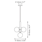 Dimension drawing of this Clérachic four-globe cluster pendant, with 35 cm width and 43 cm height marked.