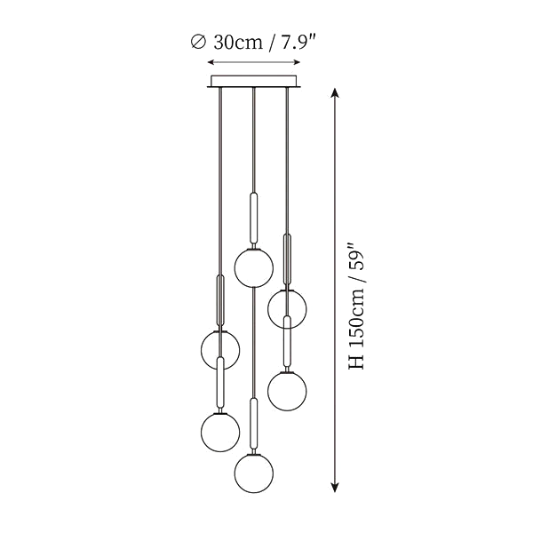Dimension drawing of this Clérachic six-head pendant, 30 cm across the canopy with a 150 cm drop marked.