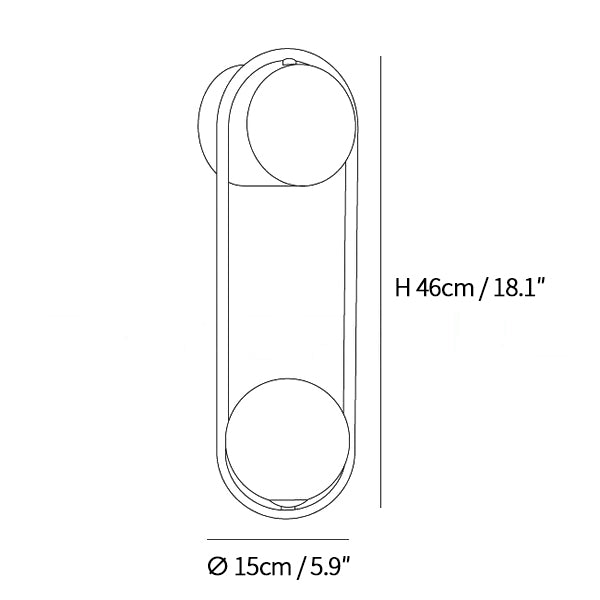 Dimension drawing of the mila wall lamp, in outline against white.