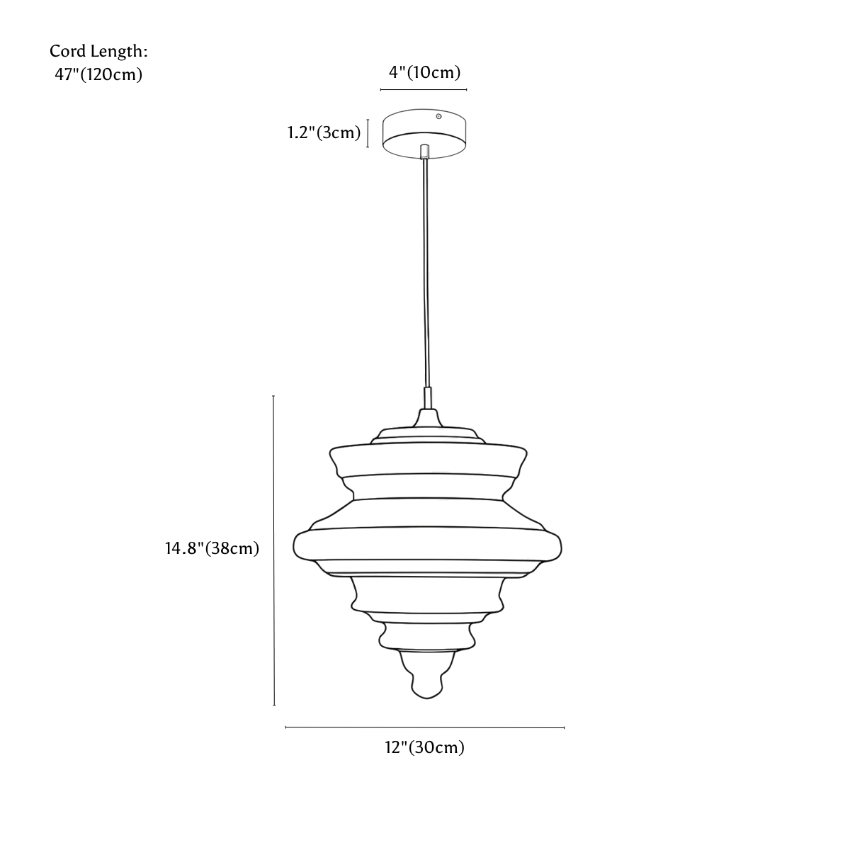 Clérachic pendant light dimension drawing, A, every measurement marked in centimetres and inches.