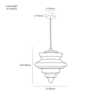 Clérachic pendant light dimension drawing, A, every measurement marked in centimetres and inches.