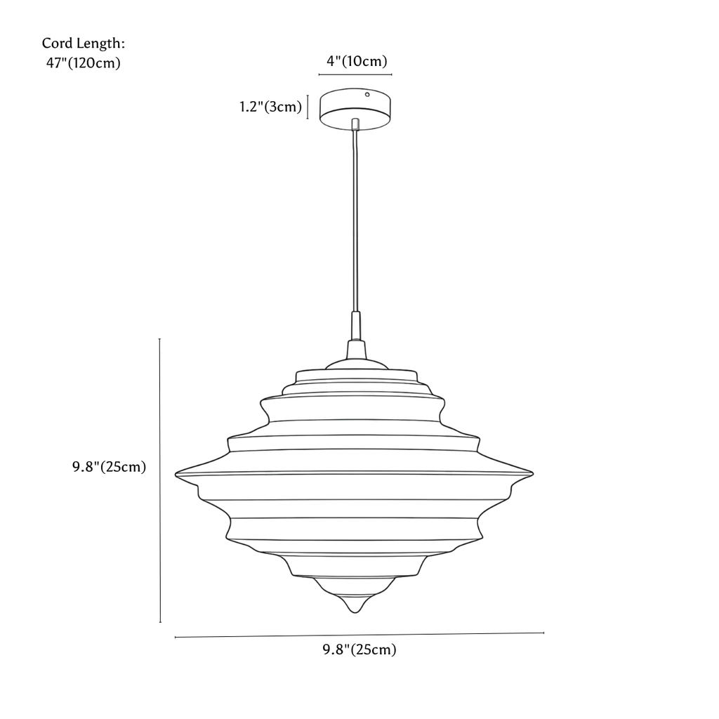 Clérachic pendant light dimension drawing, B, every measurement marked in centimetres and inches.