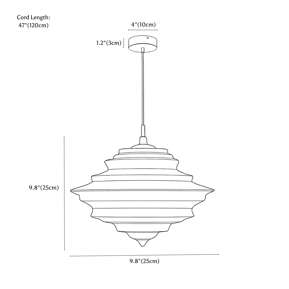 Clérachic pendant light dimension drawing, B, every measurement marked in centimetres and inches.