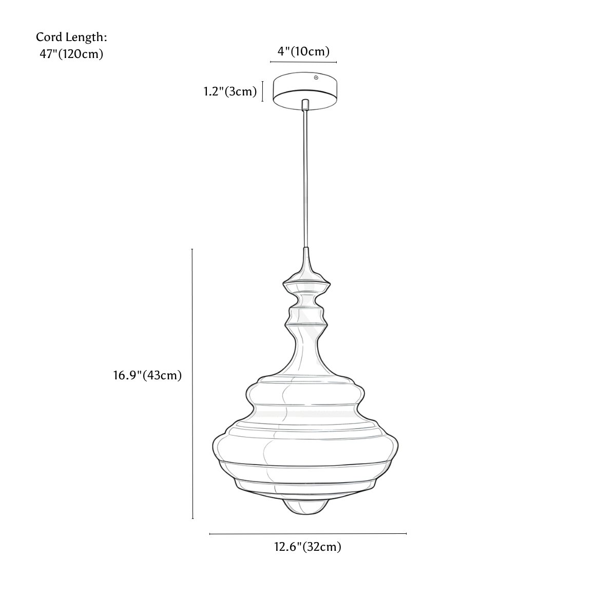 Clérachic pendant light dimension drawing, C, every measurement marked in centimetres and inches.