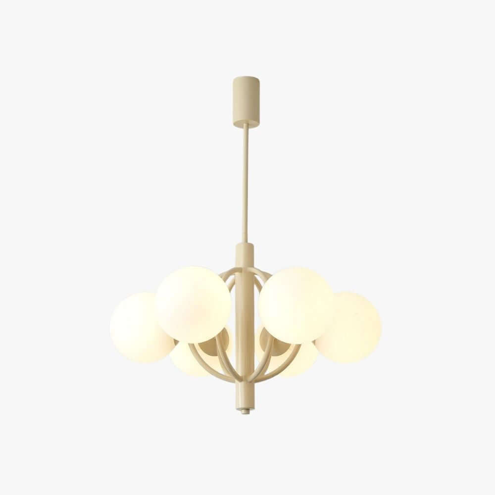 Five-globe Clérachic chandelier in a soft beige metal with milk-white glass spheres, hung from a slim rod, on a plain white backdrop.