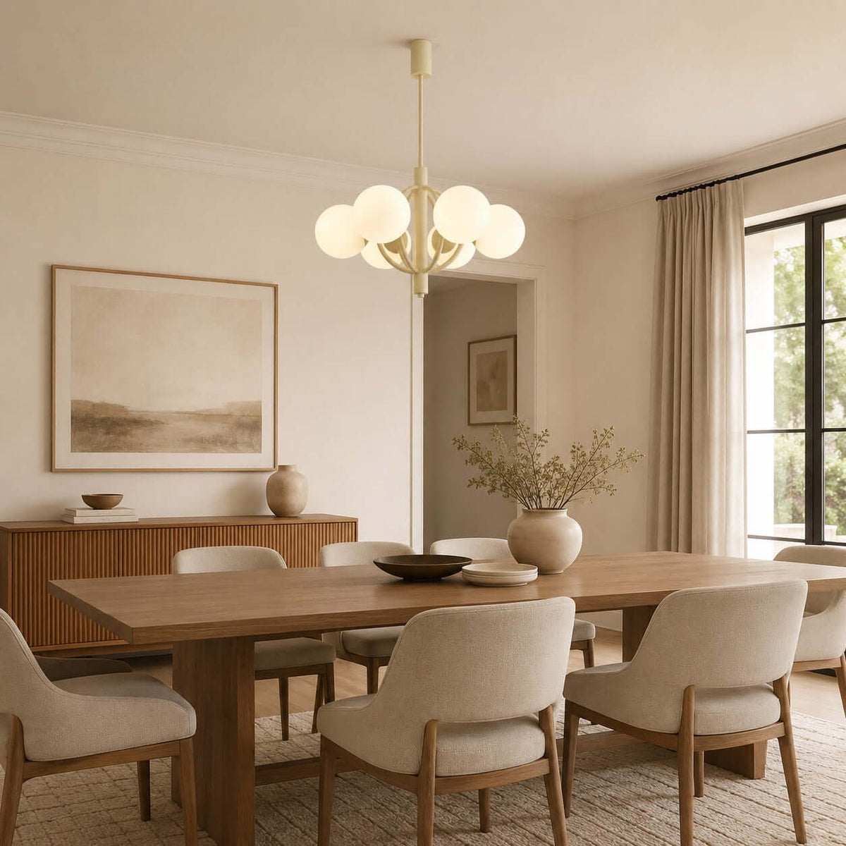 A Clérachic chandelier with white glass globes hangs over a long walnut dining table with upholstered chairs in a pale, calm room.