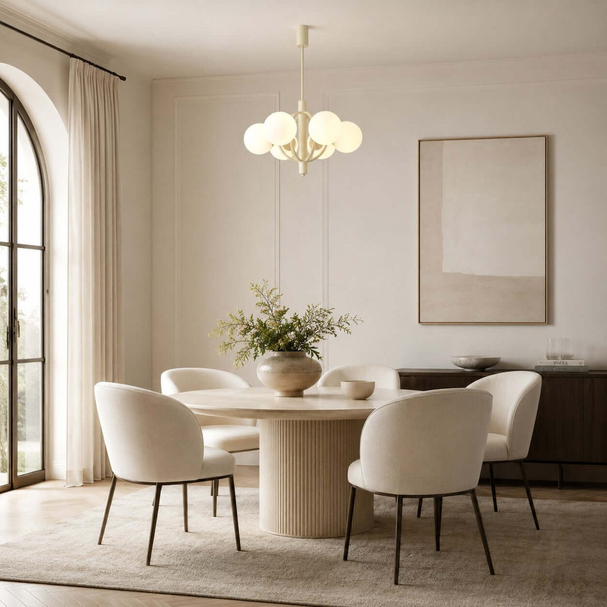 Above a round fluted dining table with cream chairs, a Clérachic chandelier hangs in a room with an arched window.