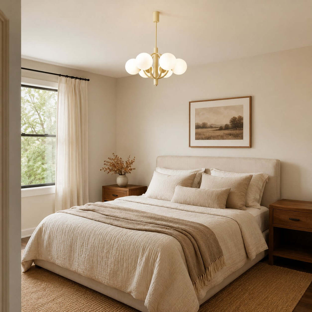 A Clérachic chandelier with white globes hangs above a made bed with a woven throw, in a calm cream bedroom with a tall window.