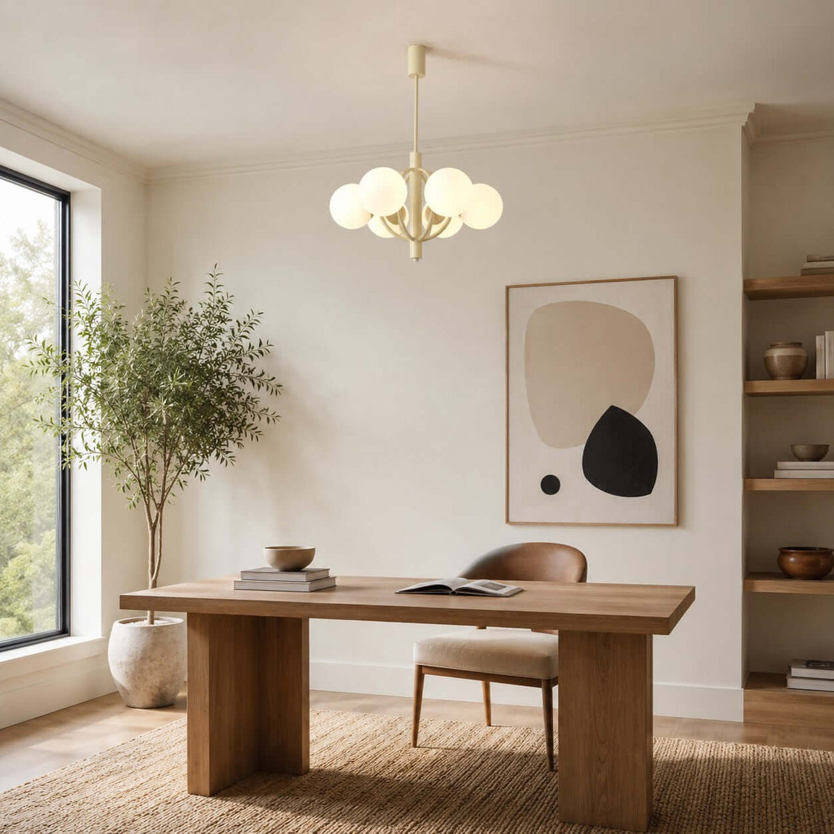 A Clérachic chandelier hangs above a wooden desk with an olive tree and a large abstract print in a bright, cream-walled room.