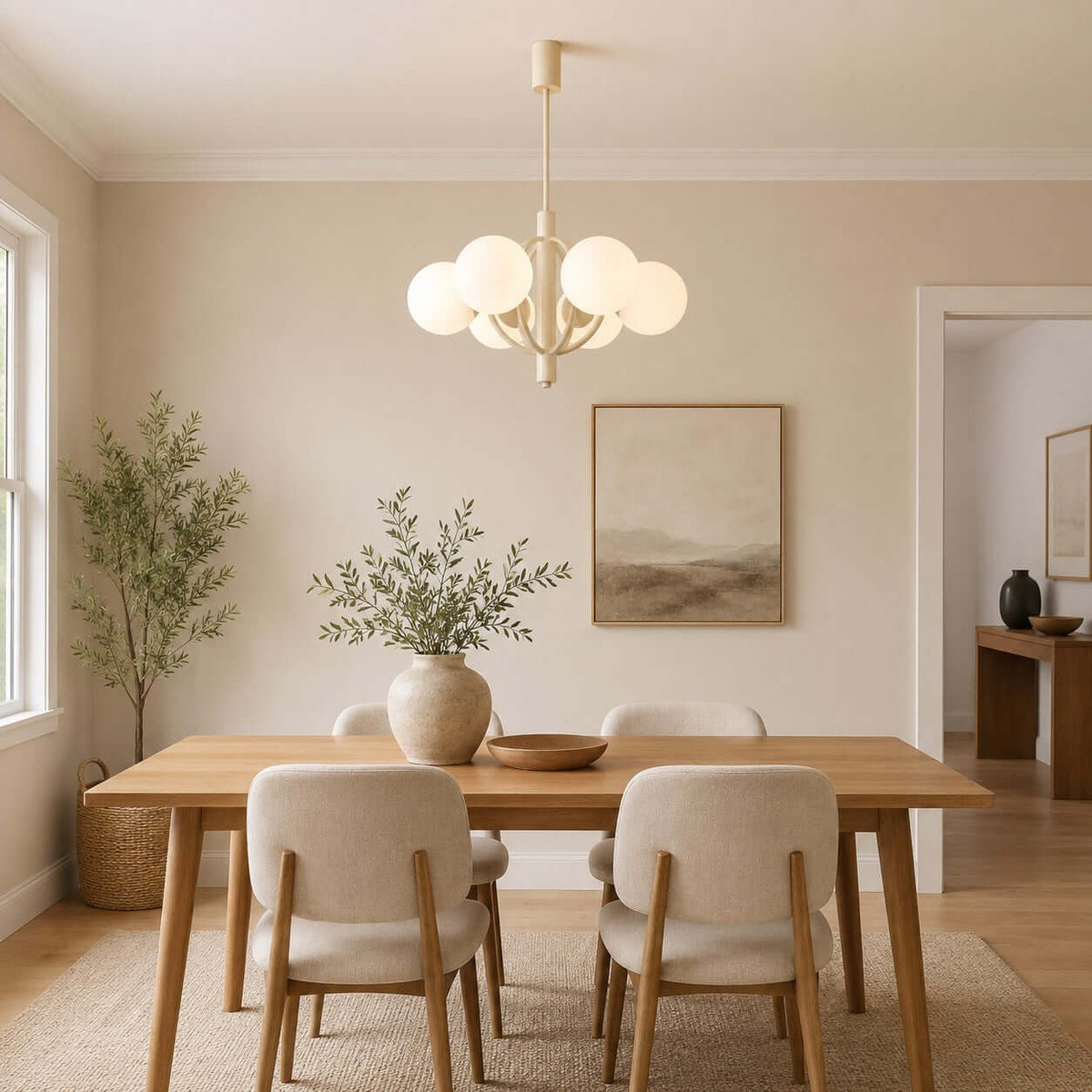 A Clérachic chandelier with five white globes hangs over a light oak dining table with cream chairs and a vase of olive branches.