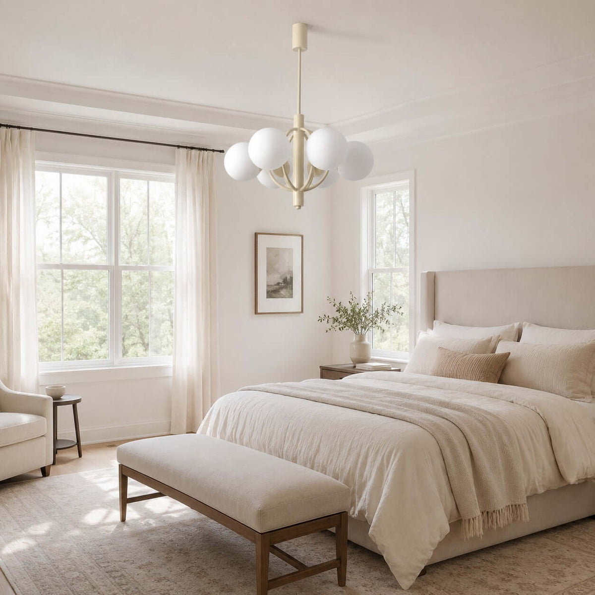 A Clérachic chandelier hangs in a bright bedroom with a bay window, an upholstered bed and a bench at its foot.