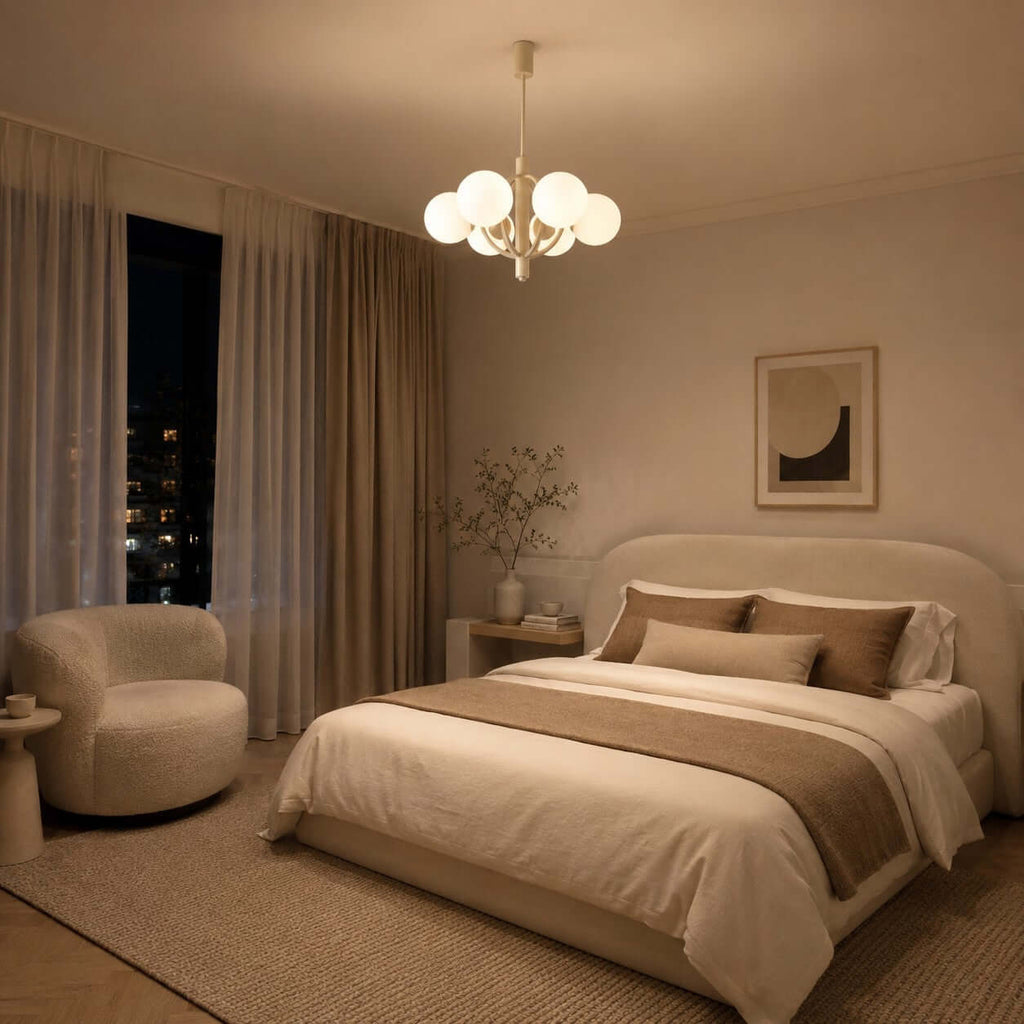A Clérachic chandelier glows warm above a bed with caramel bedding, with a bouclé armchair and a dark night window.