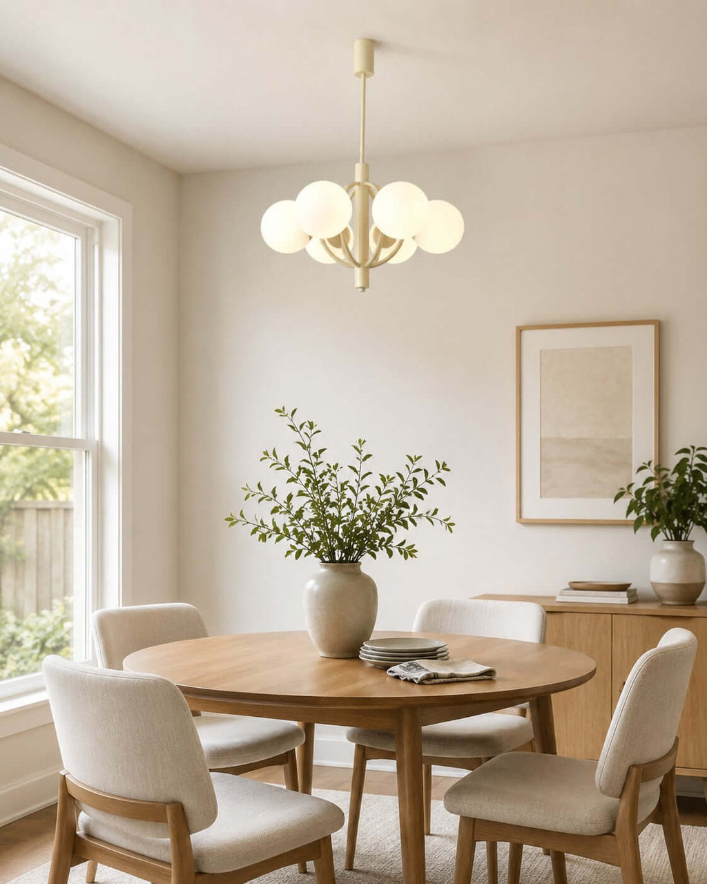 A Clérachic chandelier lit above a small round dining table with cream chairs and a vase of green stems, beside a window.