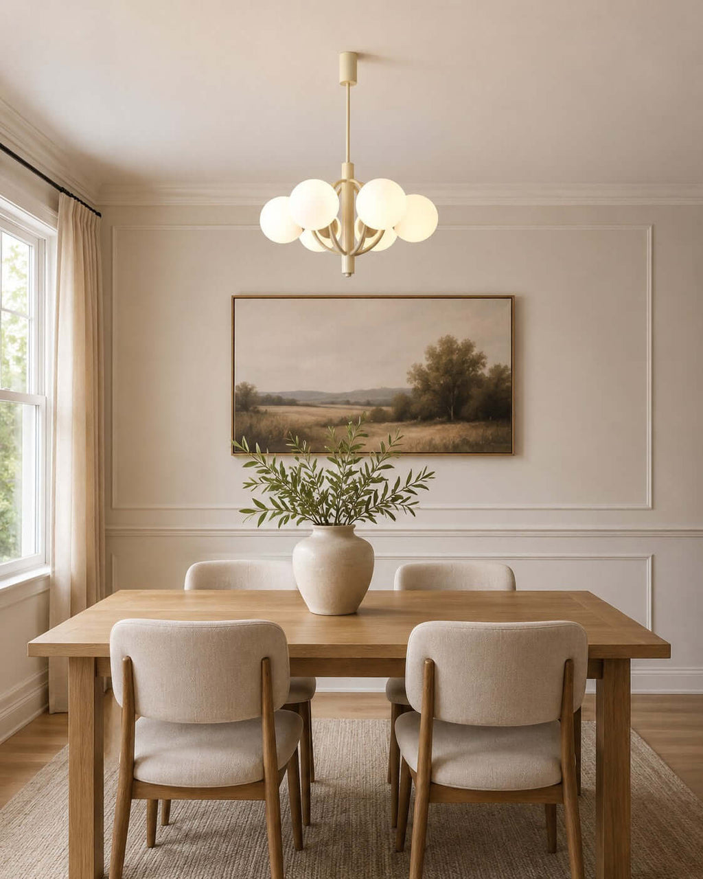 A Clérachic chandelier hangs over a rectangular wooden table, with a landscape painting on a panelled wall behind.
