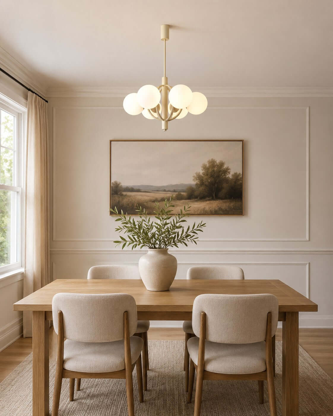 A Clérachic chandelier hangs over a rectangular wooden table, with a landscape painting on a panelled wall behind.
