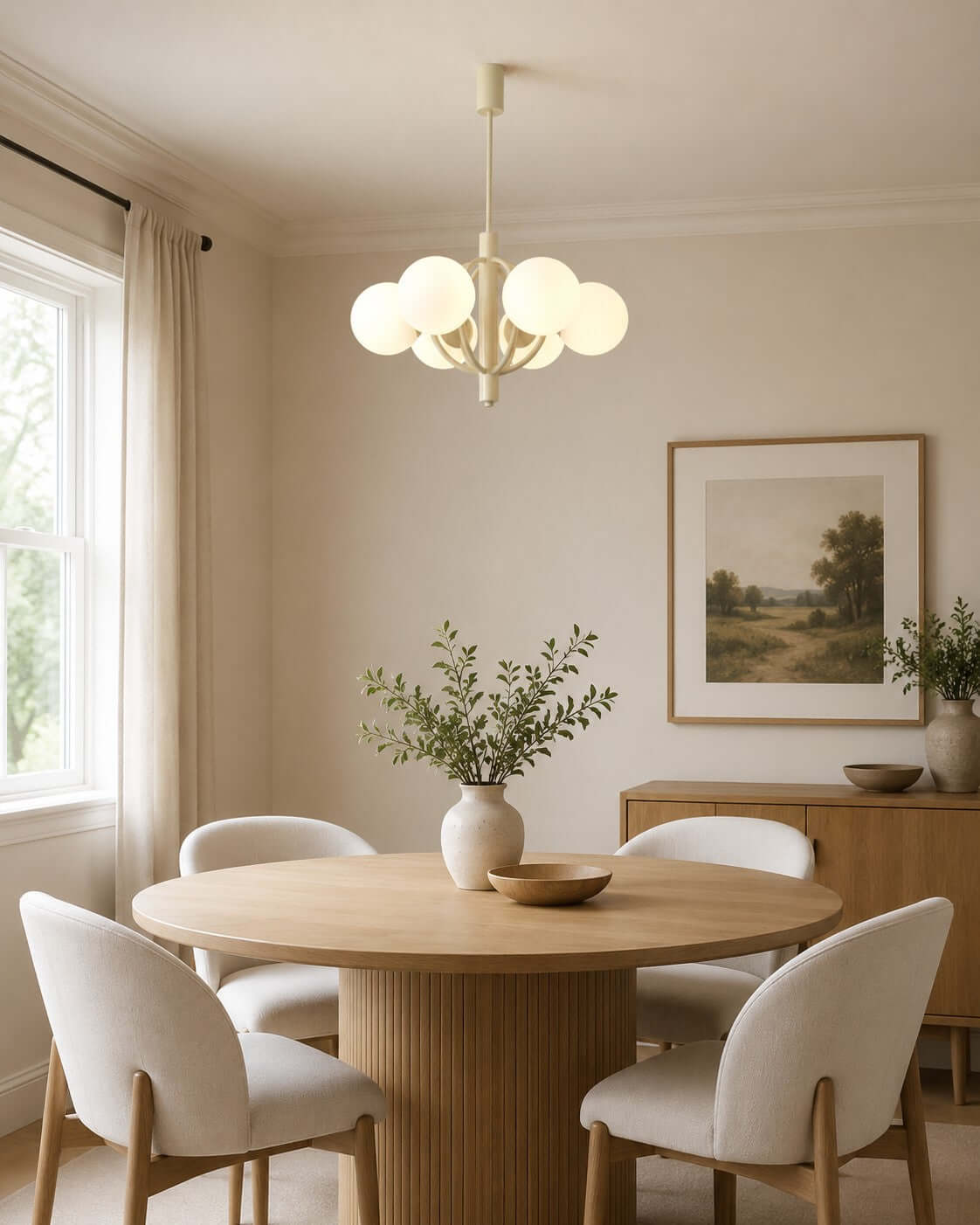 A Clérachic chandelier with white globes, lit, above a round pedestal dining table in a bright room with a landscape print.