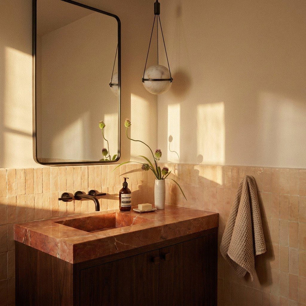 Clérachic small alabaster globe pendant hanging beside a wall mirror above a pink stone basin in a sunlit bathroom.