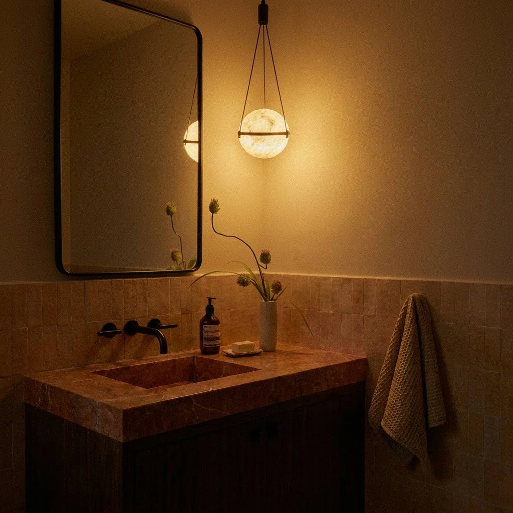 Clérachic alabaster globe pendant glowing warm beside a mirror in a dim bathroom with a blush stone basin and tiled wall.
