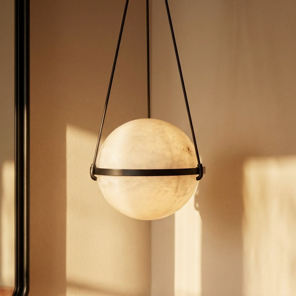 Clérachic close view of an alabaster globe pendant, its cloudy stone veining lit warm inside a dark bronze band.