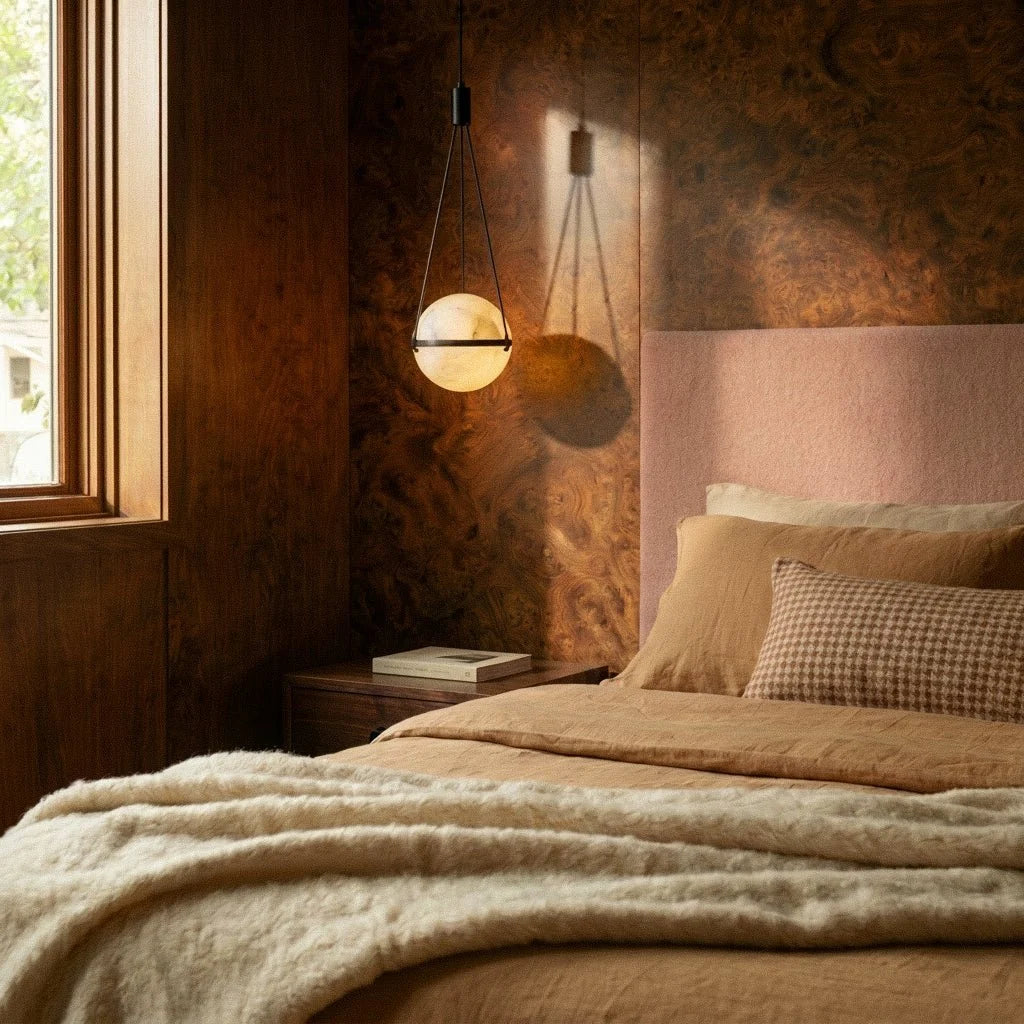 Clérachic alabaster globe pendant hung at a bedside against burr walnut panelling, with a pink headboard and layered linen.
