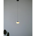 Clérachic Mini Discus pendant light lit on a long cord from a matte black ceiling cylinder, a plant leaf in the corner.
