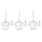 Dimension drawing for the Clérachic Mini Discus pendant light: shades 12cm/4.7″, 14cm/5.5″ and 16cm/6.3″ wide, each 9cm/3.5″ high.