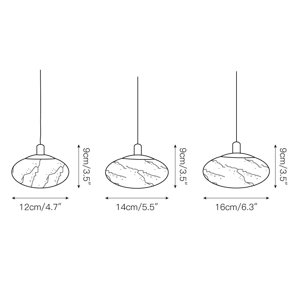 Dimension drawing for the Clérachic Mini Discus pendant light: shades 12cm/4.7″, 14cm/5.5″ and 16cm/6.3″ wide, each 9cm/3.5″ high.