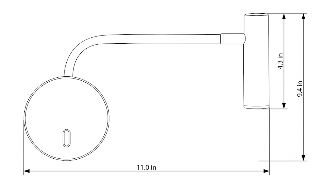 Dimension drawing of the minimalist disc led wall sconce, in outline against white.